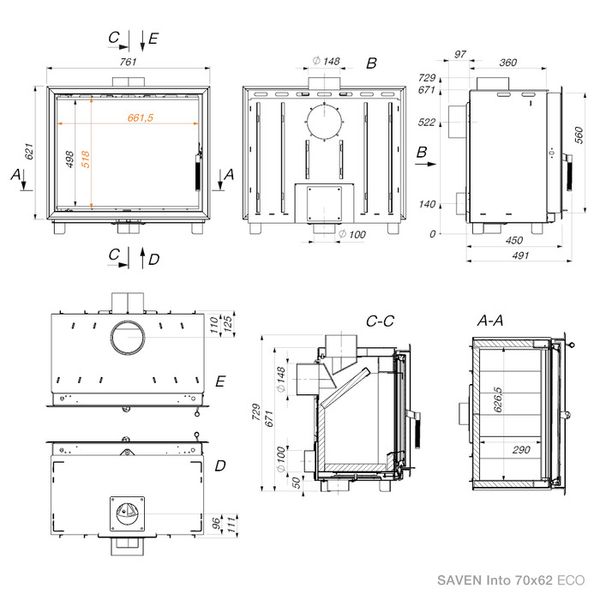 Каминная вставка SAVEN Into 70x62 (11,5 кВт) ECO  SI/70/62 фото